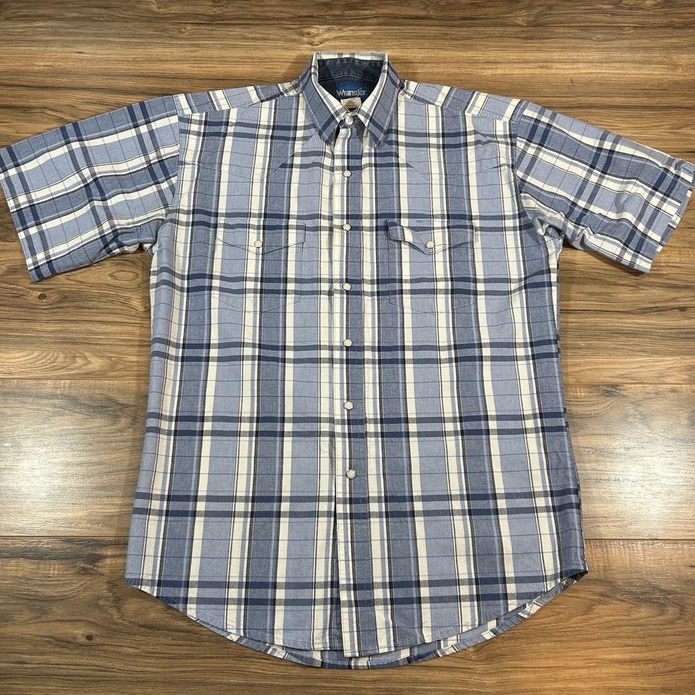 VTG Wrangler Mens MD |Blue| Denim Plaid Pearl Snap Western Shirt